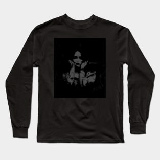 Beautiful girl with black stains on skin, holding hands near head. Dark and dim, grayscale. Long Sleeve T-Shirt